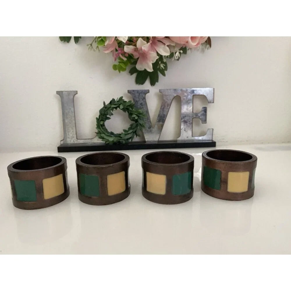 Vintage 1980s Pier 1 Napkin Rings Bronze Green Yellow Inlay Set of 4‎ Retro EUC